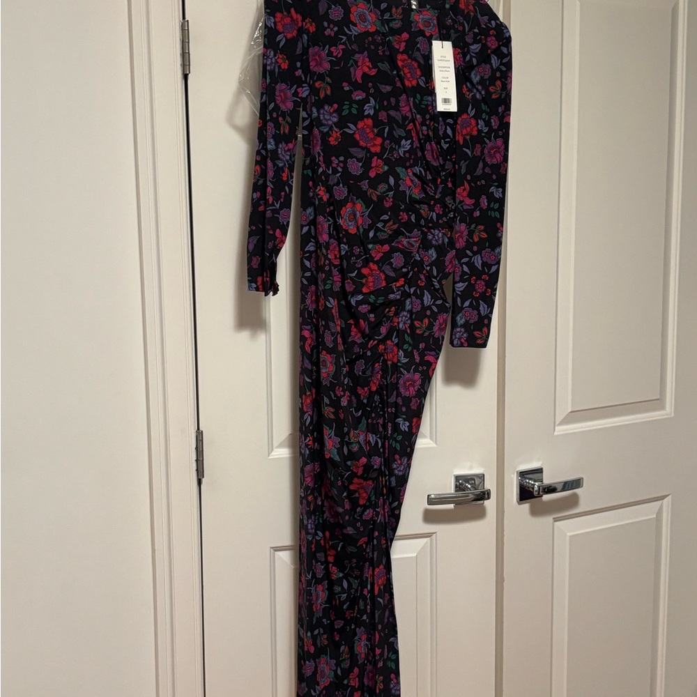 Veronica Beard Black Midi Dress with Red & Purple Floral Print